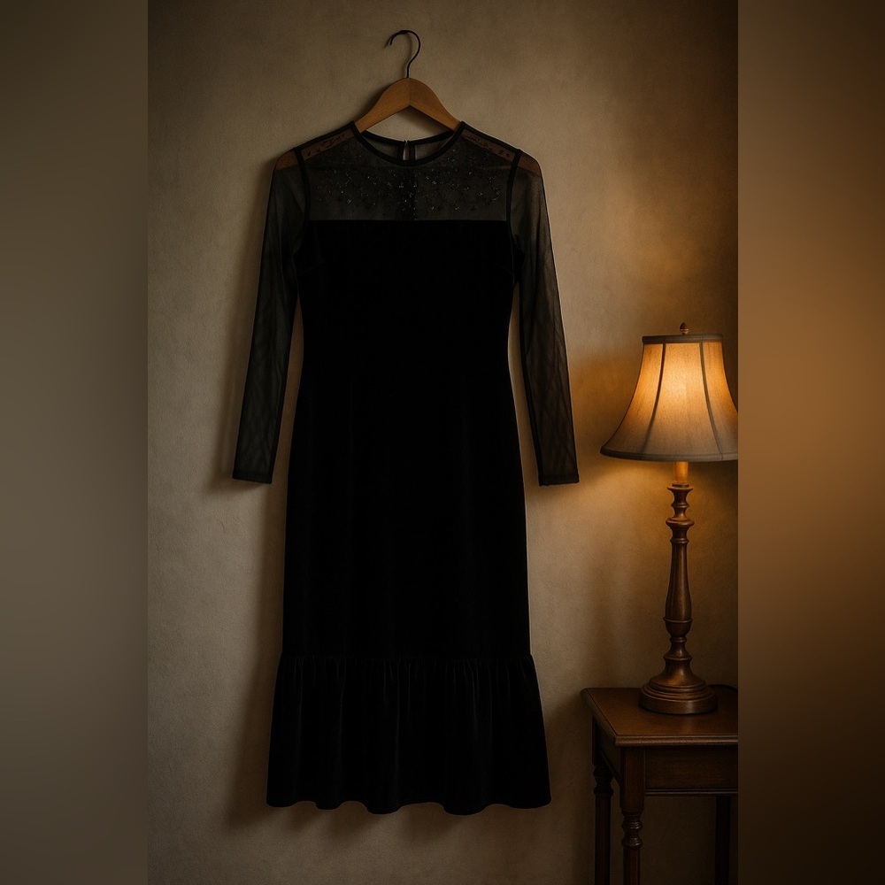Ronni Nicole Black Velvet Midi Dress | Sheer Beaded Gothic Romance | Size 10